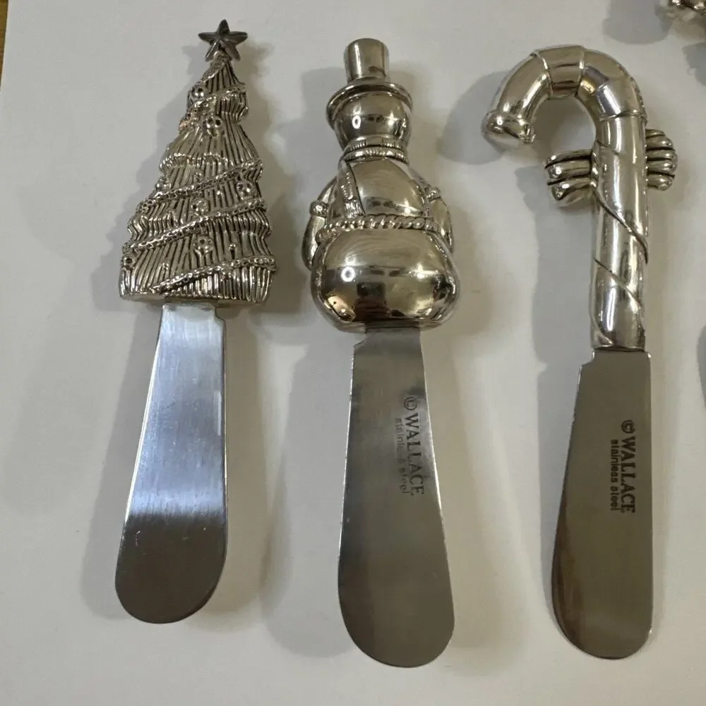 Wallace Christmas Tree Snowman Candy Cane Cheese Knife Spreader 5 Piece Set